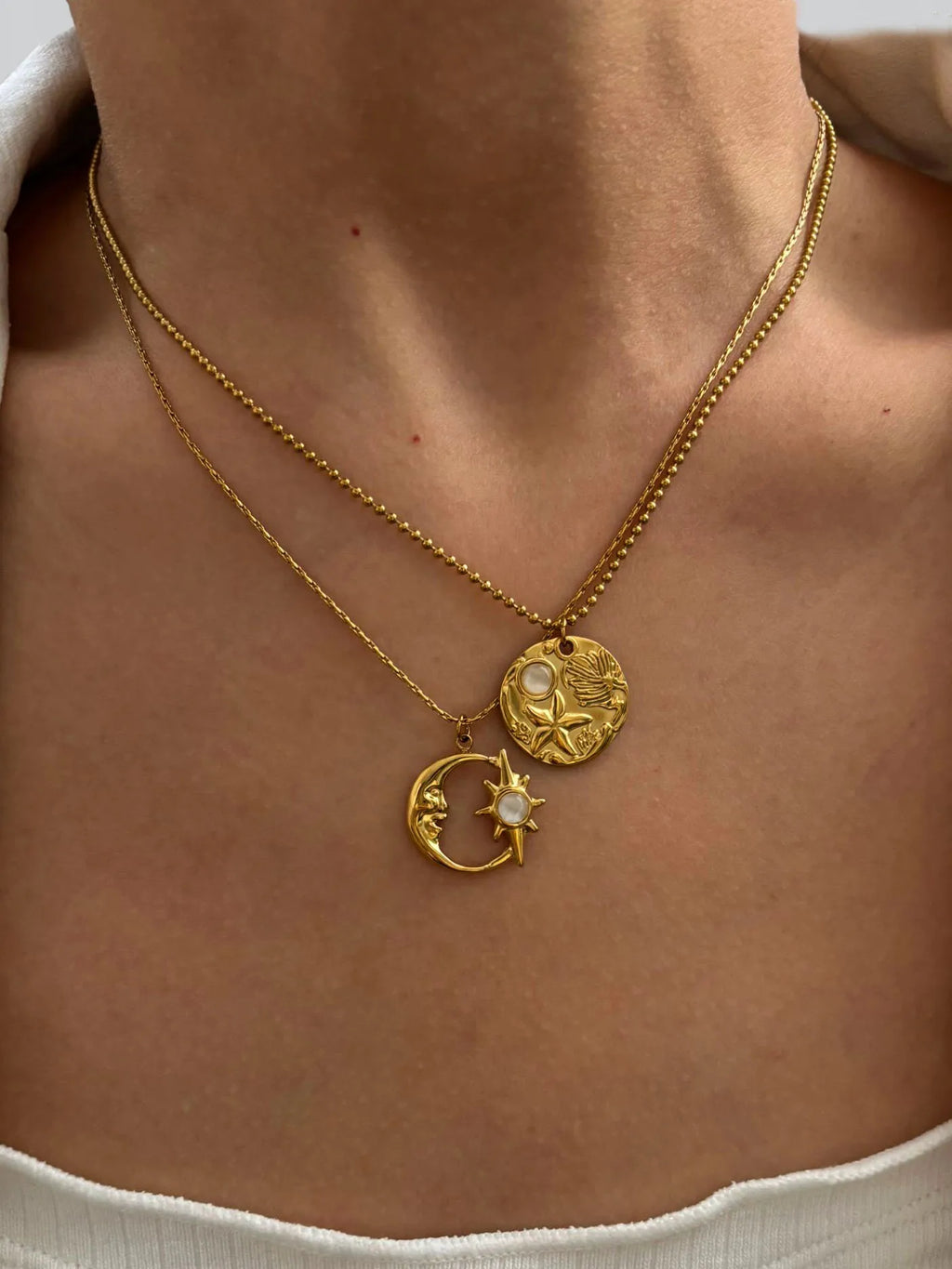 Fashion Gold Plated Moon Starburst Round Cat Eye Stone Pendant Necklaces for Women Stainless Steel Daily Jewelry Gifts