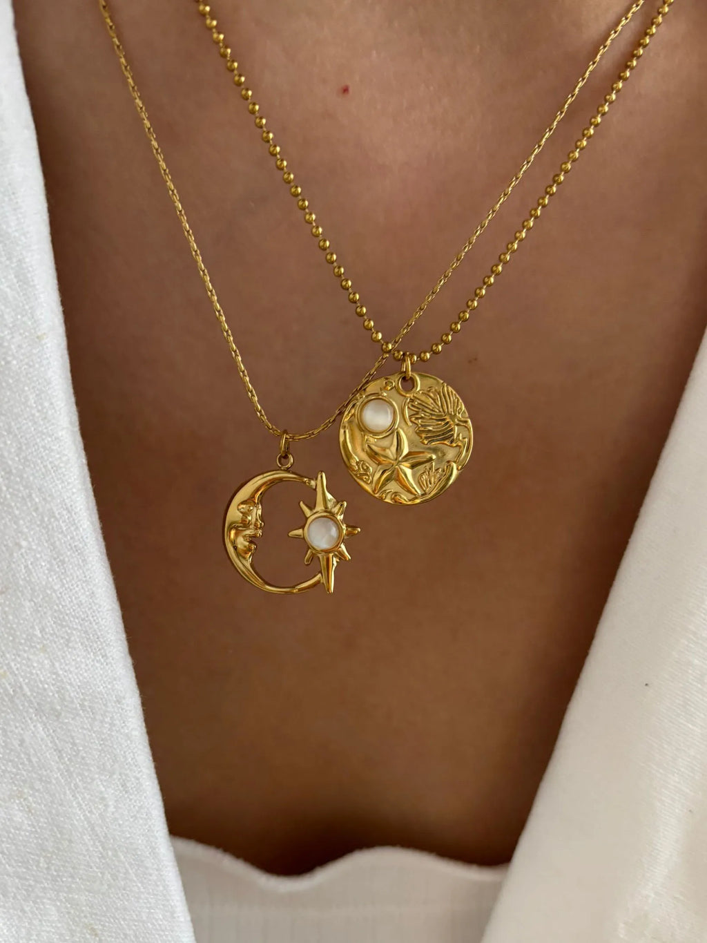 Fashion Gold Plated Moon Starburst Round Cat Eye Stone Pendant Necklaces for Women Stainless Steel Daily Jewelry Gifts