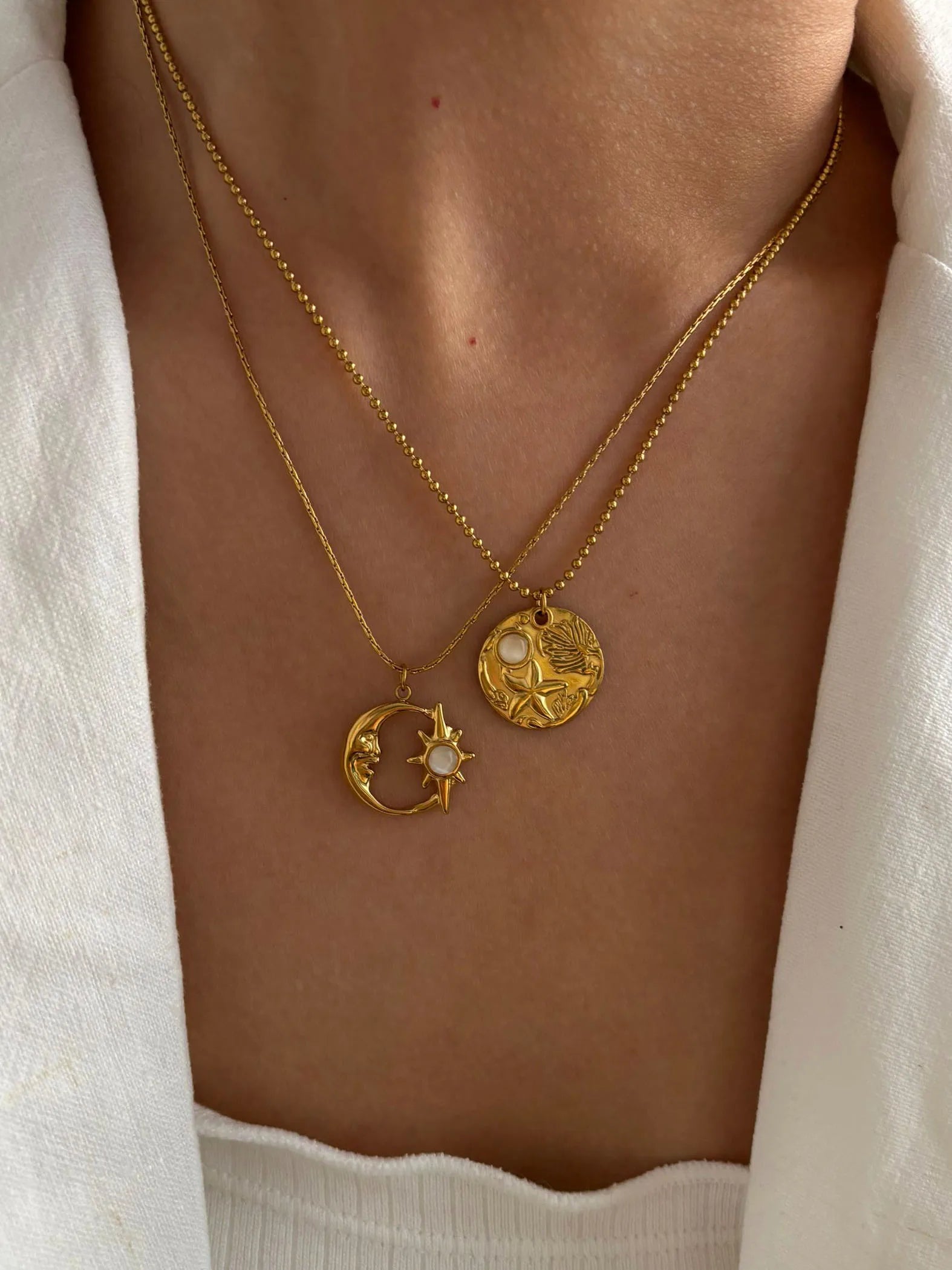 Fashion Gold Plated Moon Starburst Round Cat Eye Stone Pendant Necklaces for Women Stainless Steel Daily Jewelry Gifts