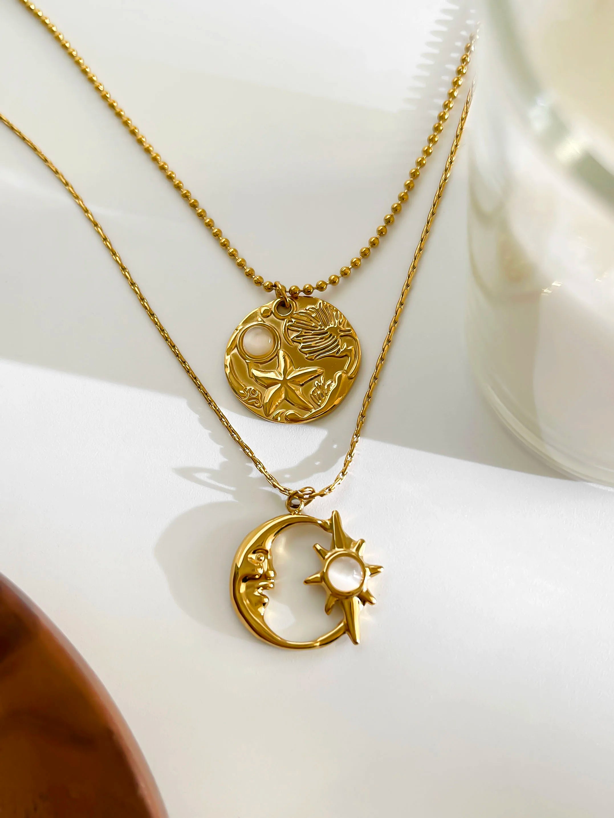 Fashion Gold Plated Moon Starburst Round Cat Eye Stone Pendant Necklaces for Women Stainless Steel Daily Jewelry Gifts