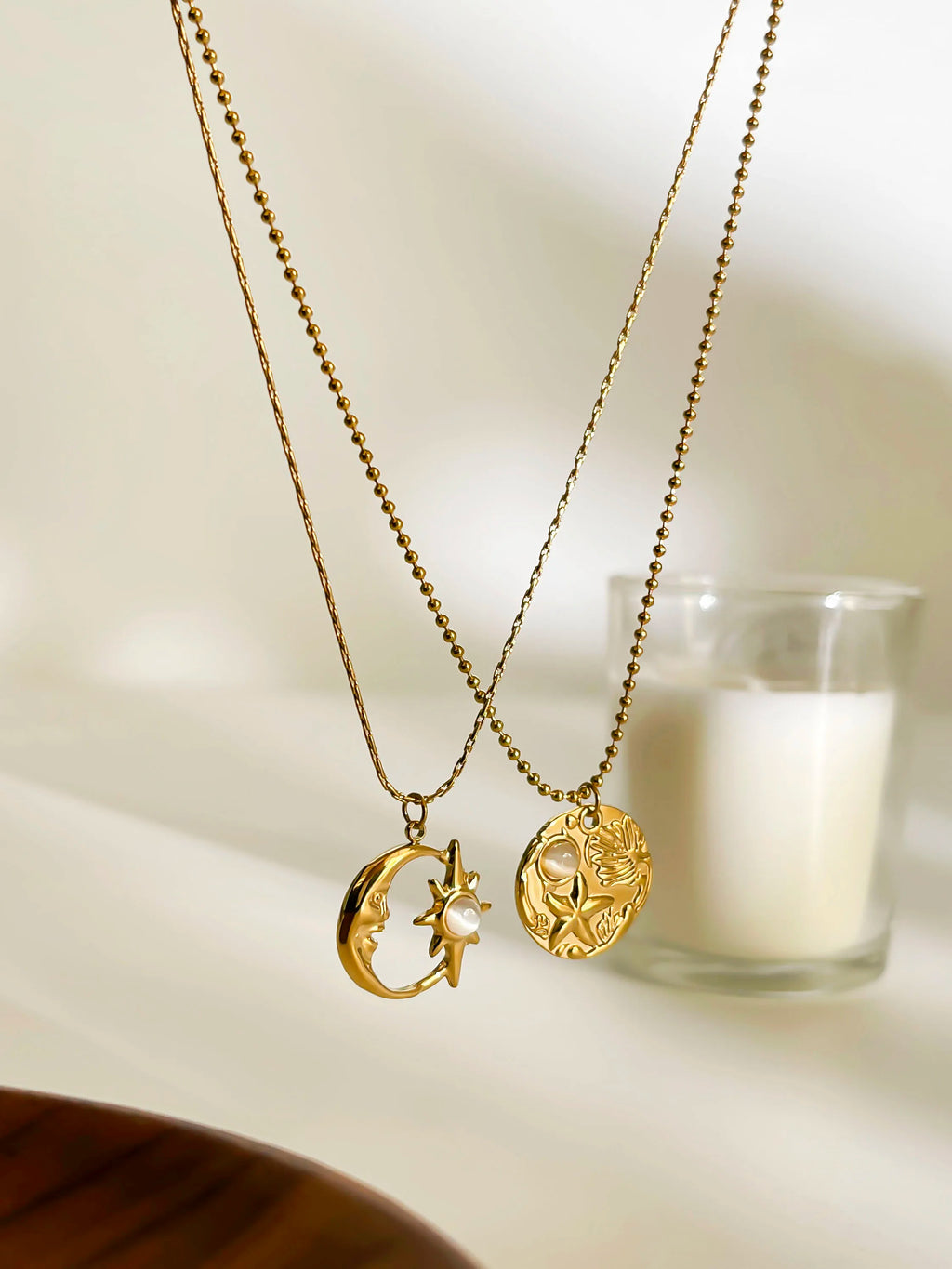 Fashion Gold Plated Moon Starburst Round Cat Eye Stone Pendant Necklaces for Women Stainless Steel Daily Jewelry Gifts