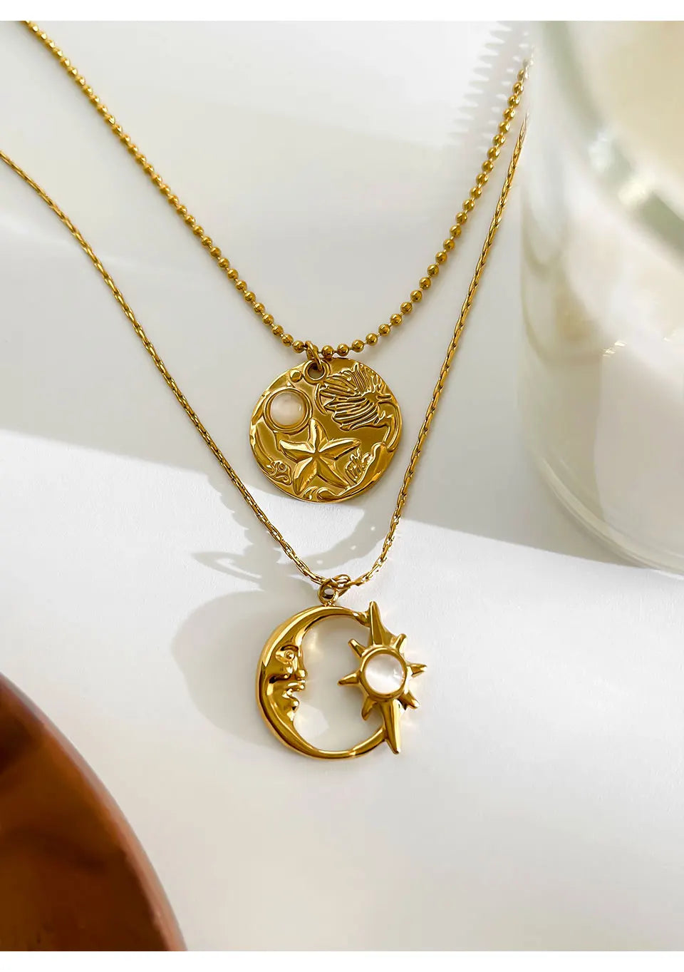 Fashion Gold Plated Moon Starburst Round Cat Eye Stone Pendant Necklaces for Women Stainless Steel Daily Jewelry Gifts