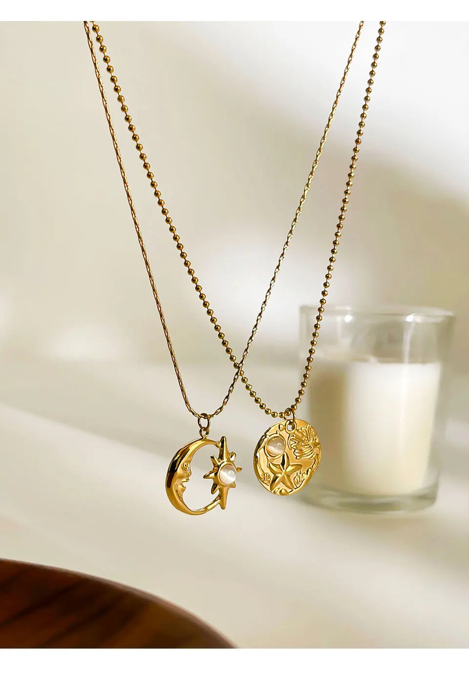 Fashion Gold Plated Moon Starburst Round Cat Eye Stone Pendant Necklaces for Women Stainless Steel Daily Jewelry Gifts