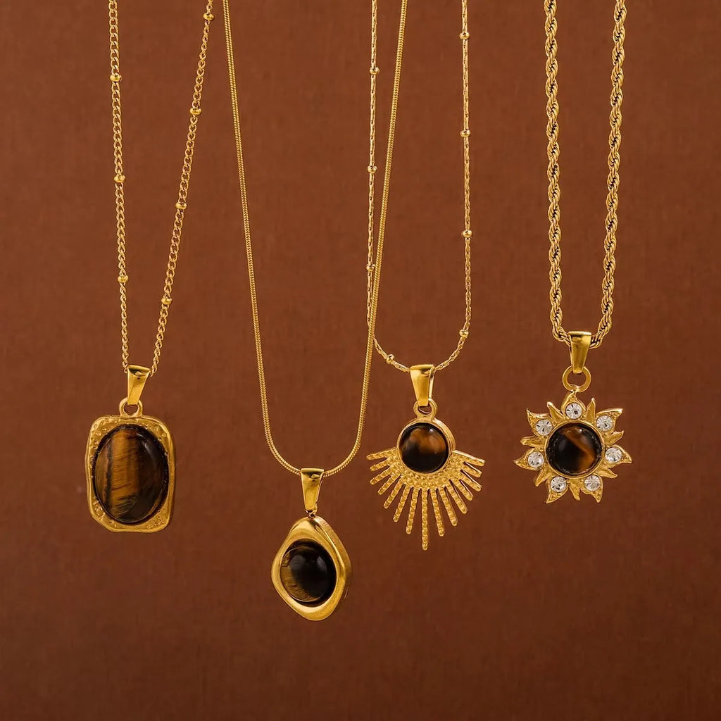 1 PCS Stainless Steel Brown Tiger Eye Stone Pendant Necklace for Women Men Vintage Fine Sweater Chain