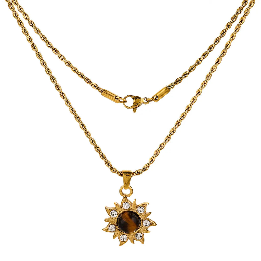 1 PCS Stainless Steel Brown Tiger Eye Stone Pendant Necklace for Women Men Vintage Fine Sweater Chain