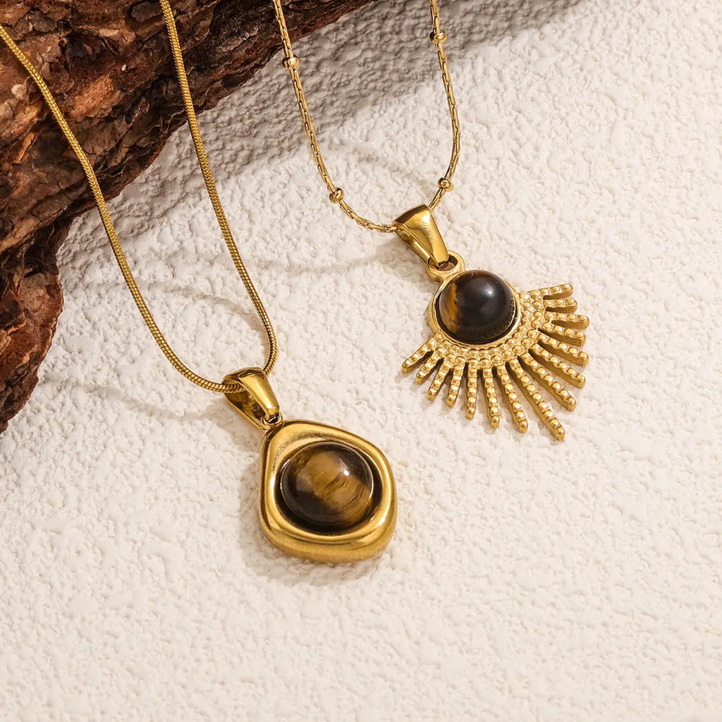 1 PCS Stainless Steel Brown Tiger Eye Stone Pendant Necklace for Women Men Vintage Fine Sweater Chain