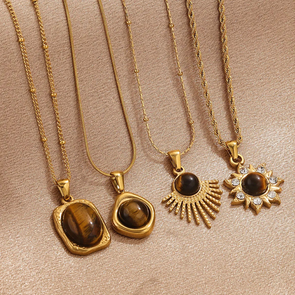 1 PCS Stainless Steel Brown Tiger Eye Stone Pendant Necklace for Women Men Vintage Fine Sweater Chain