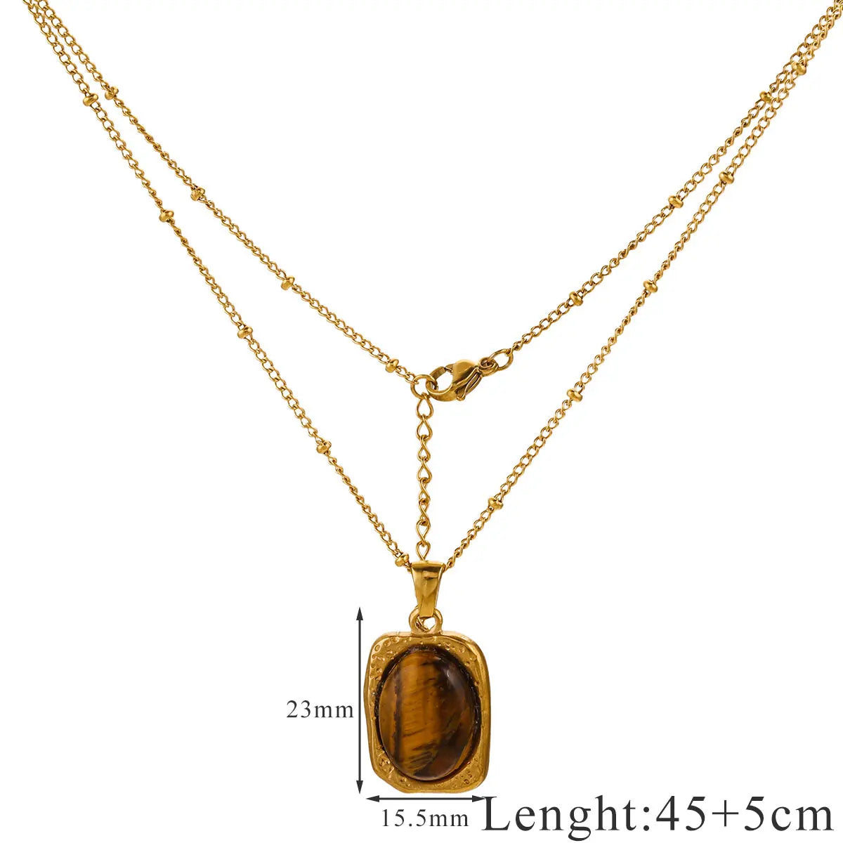 1 PCS Stainless Steel Brown Tiger Eye Stone Pendant Necklace for Women Men Vintage Fine Sweater Chain