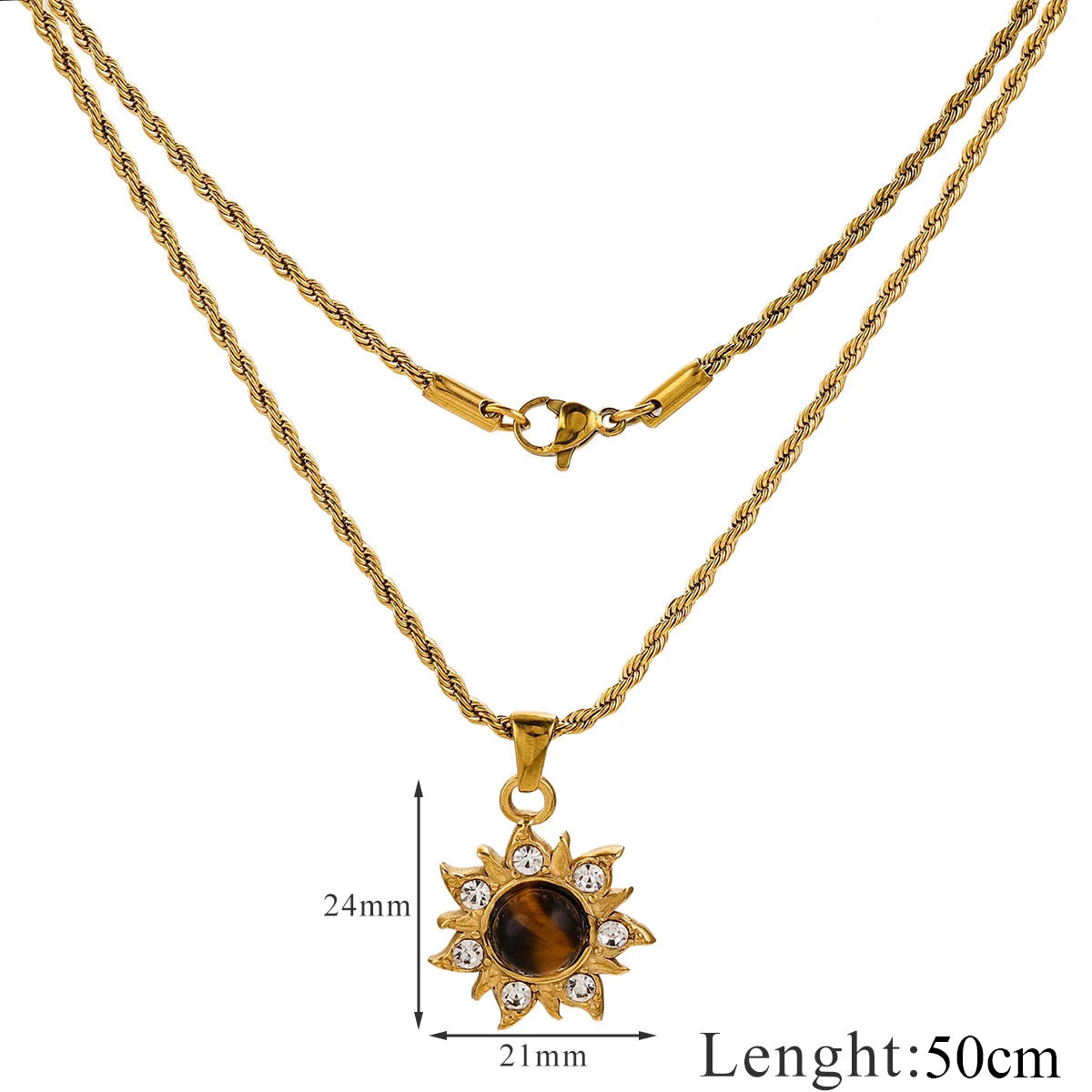 1 PCS Stainless Steel Brown Tiger Eye Stone Pendant Necklace for Women Men Vintage Fine Sweater Chain