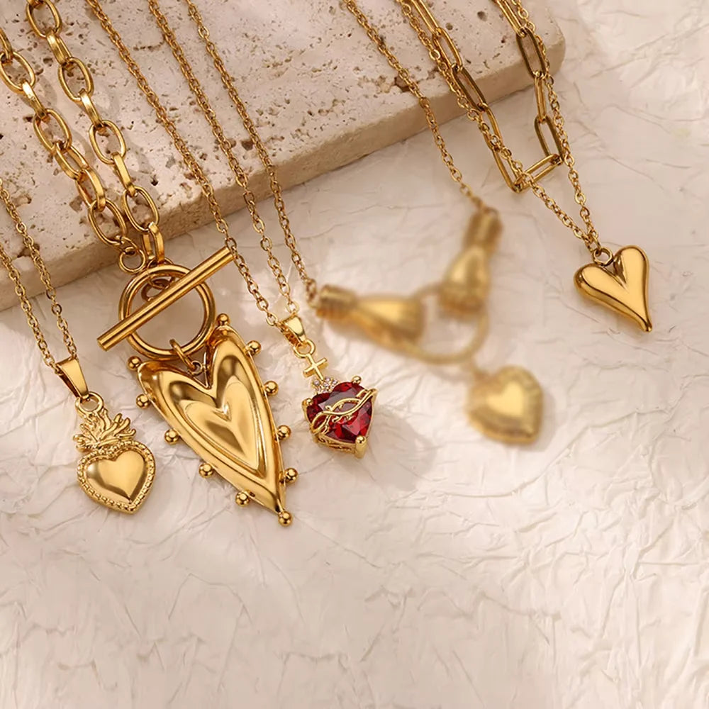 Heart Pendant Necklace for Women Stainless Steel OT Buckle Beaded Neck Chain Choker