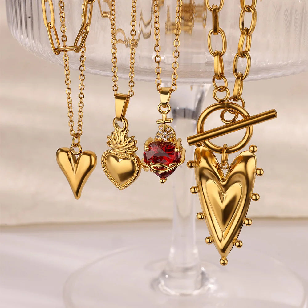 Heart Pendant Necklace for Women Stainless Steel OT Buckle Beaded Neck Chain Choker