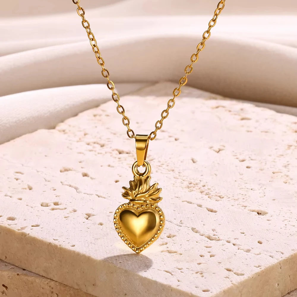 Heart Pendant Necklace for Women Stainless Steel OT Buckle Beaded Neck Chain Choker