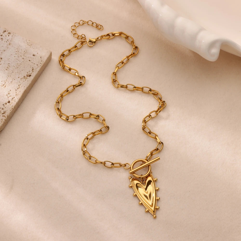 Heart Pendant Necklace for Women Stainless Steel OT Buckle Beaded Neck Chain Choker