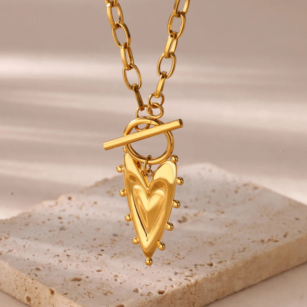 Heart Pendant Necklace for Women Stainless Steel OT Buckle Beaded Neck Chain Choker