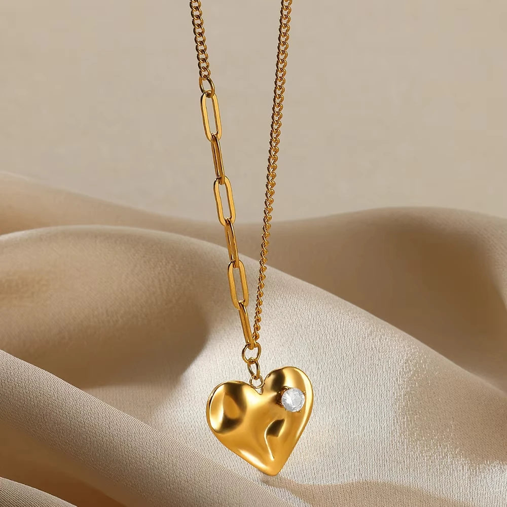 Heart Pendant Necklace for Women Stainless Steel OT Buckle Beaded Neck Chain Choker
