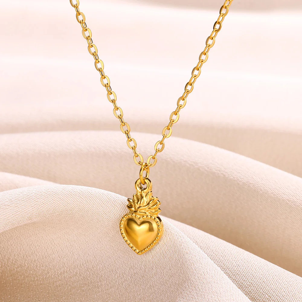 Heart Pendant Necklace for Women Stainless Steel OT Buckle Beaded Neck Chain Choker