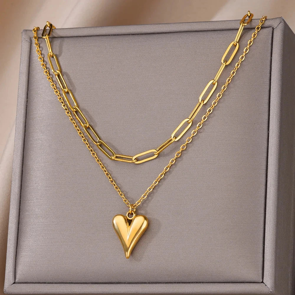 Heart Pendant Necklace for Women Stainless Steel OT Buckle Beaded Neck Chain Choker