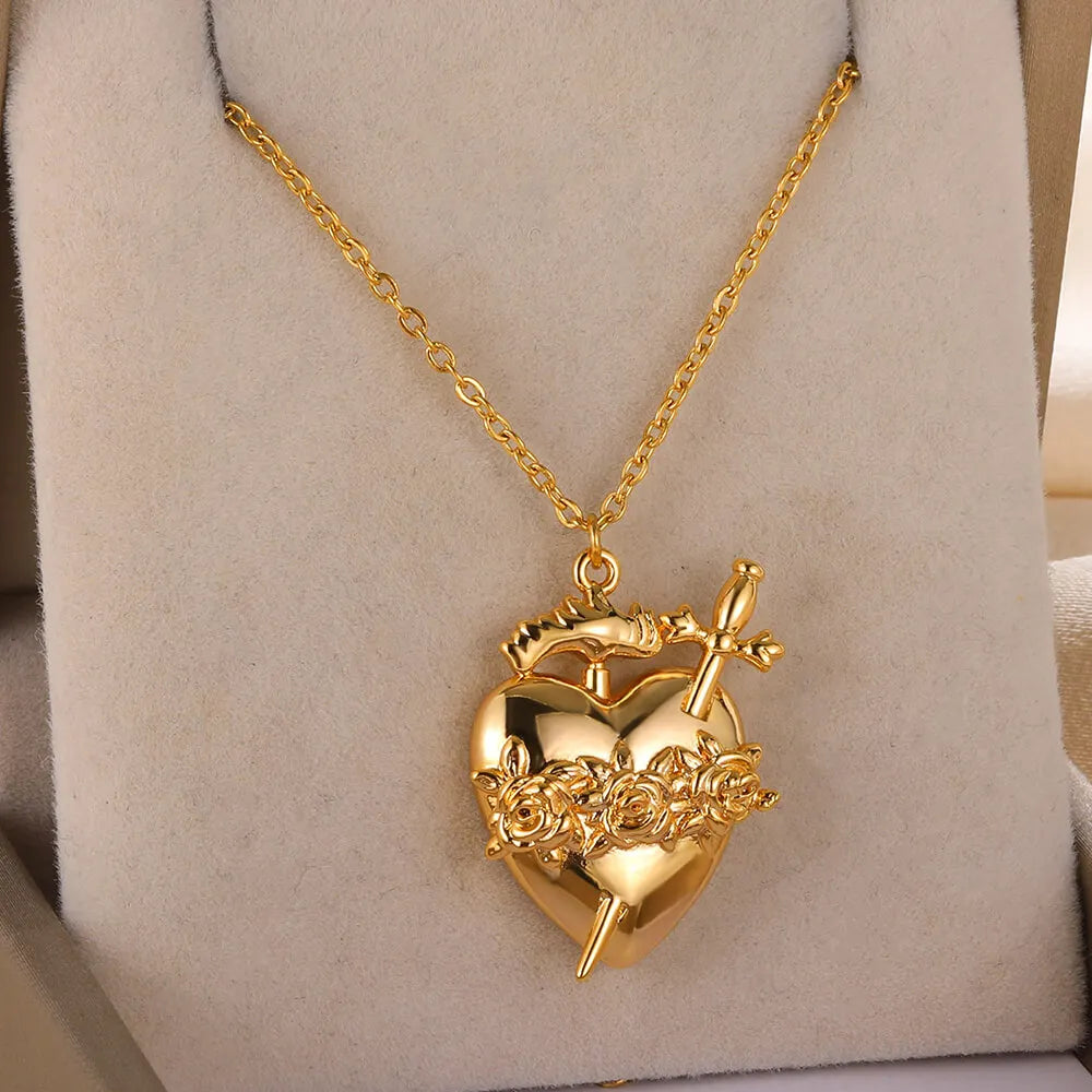 Heart Pendant Necklace for Women Stainless Steel OT Buckle Beaded Neck Chain Choker