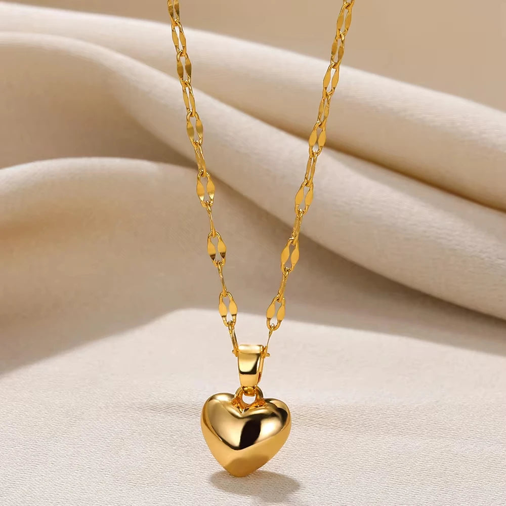 Heart Pendant Necklace for Women Stainless Steel OT Buckle Beaded Neck Chain Choker