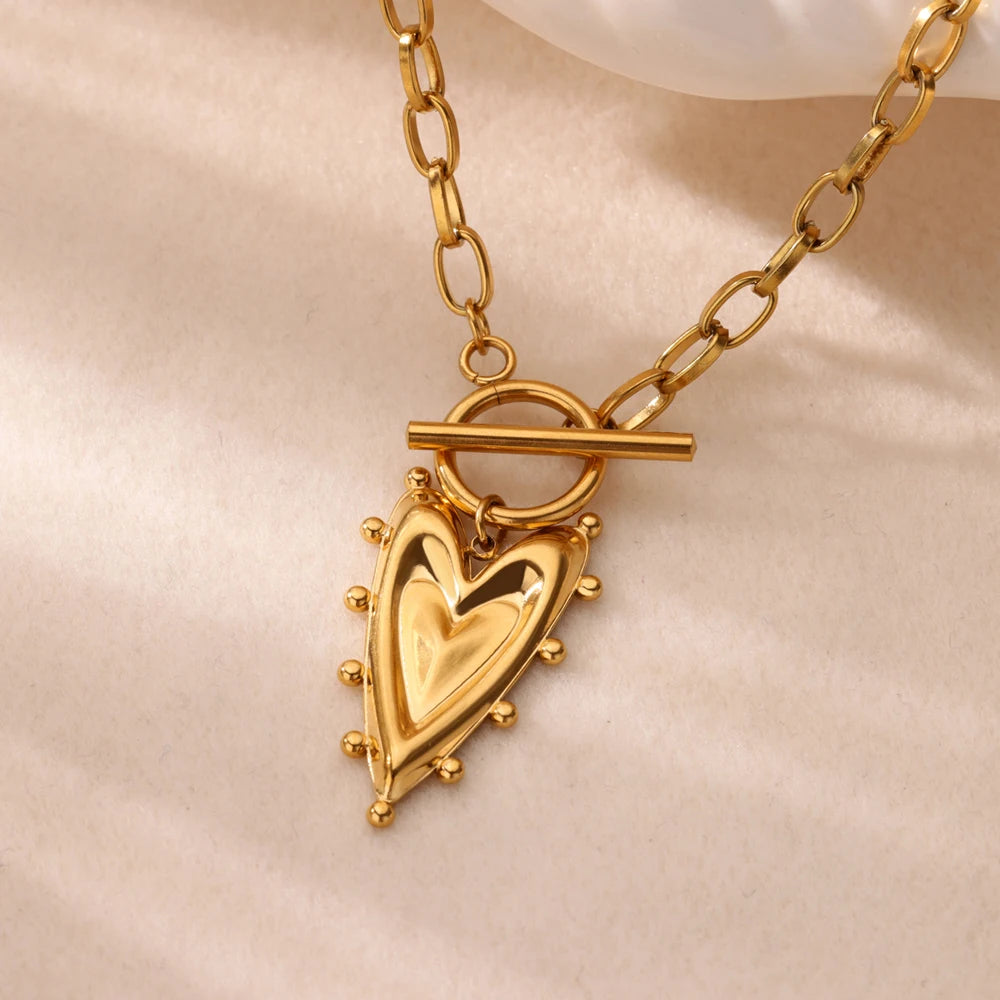 Heart Pendant Necklace for Women Stainless Steel OT Buckle Beaded Neck Chain Choker