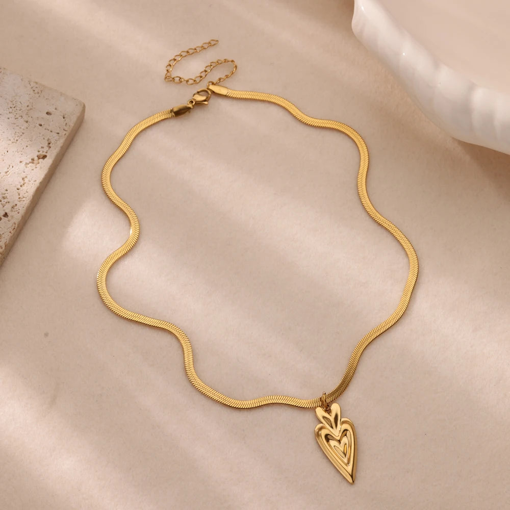 Heart Pendant Necklace for Women Stainless Steel OT Buckle Beaded Neck Chain Choker