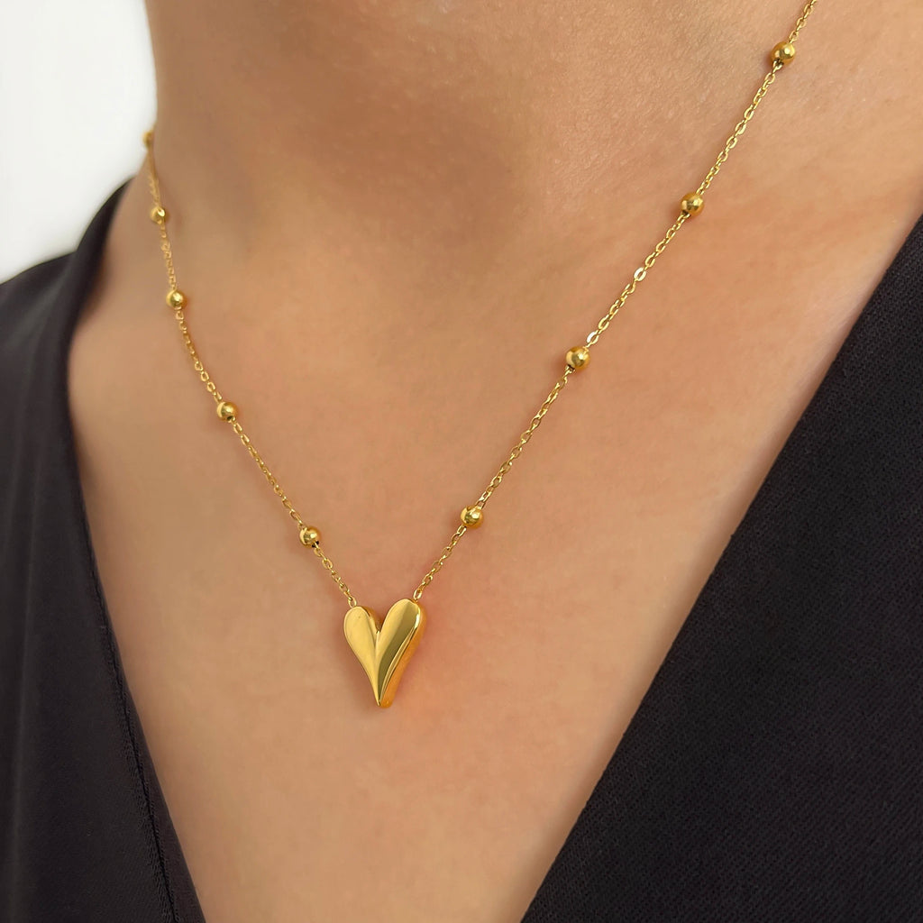 18K Gold Pvd Plated Bead Chain Love Heart Pendant Necklace Women's Waterproof Stainless Steel Jewelry Non Fade