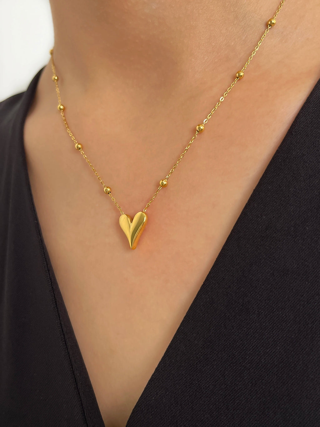 18K Gold Pvd Plated Bead Chain Love Heart Pendant Necklace Women's Waterproof Stainless Steel Jewelry Non Fade