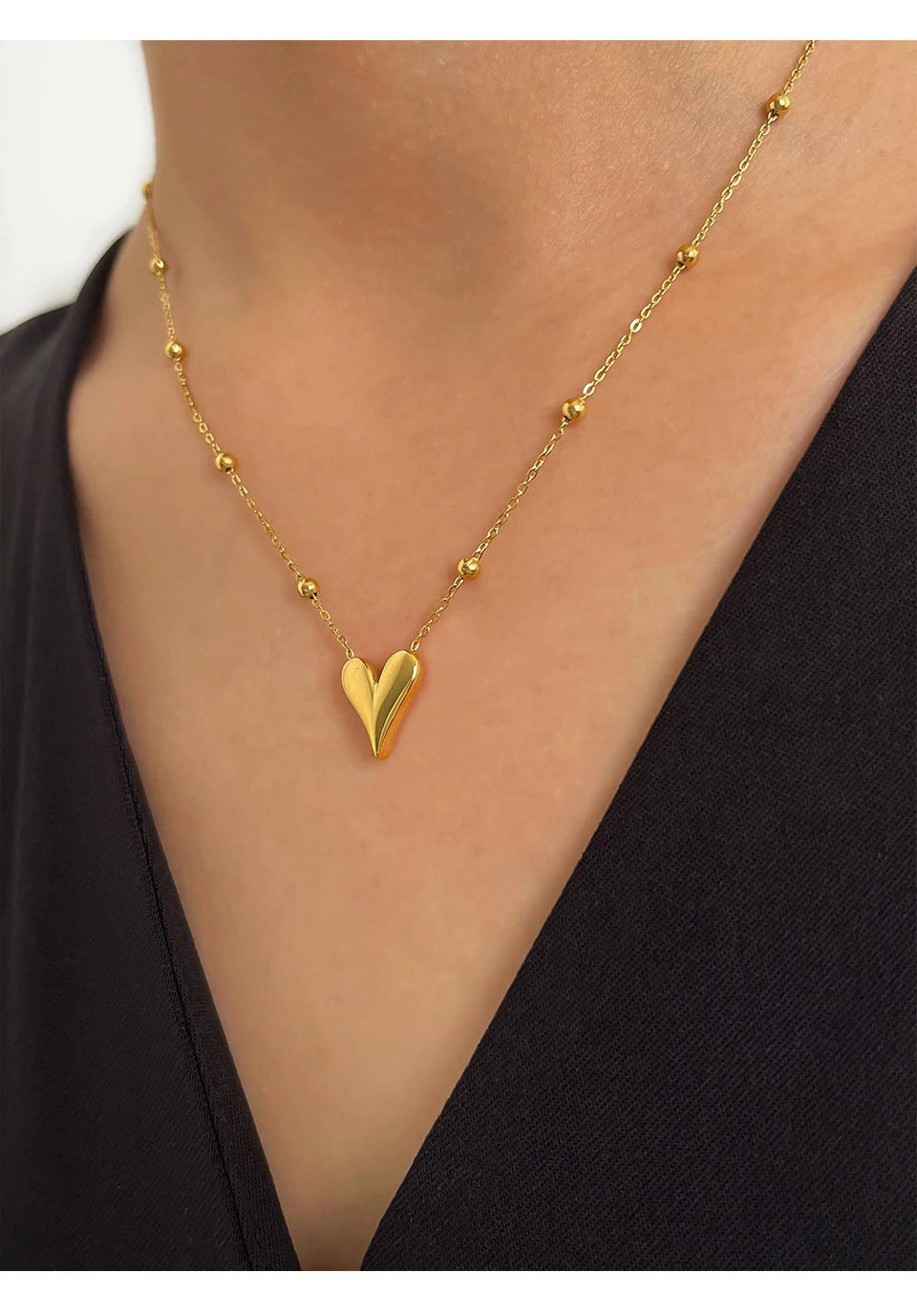 18K Gold Pvd Plated Bead Chain Love Heart Pendant Necklace Women's Waterproof Stainless Steel Jewelry Non Fade