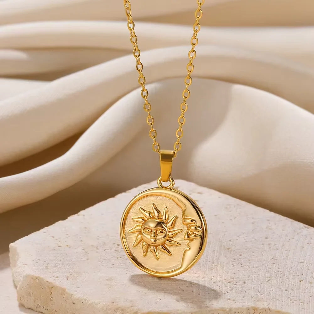 Stainless Steel Geometric Necklace For Women Fashion Sun Sunflower Pendant Clavicle Chain Aesthetic Jewelry