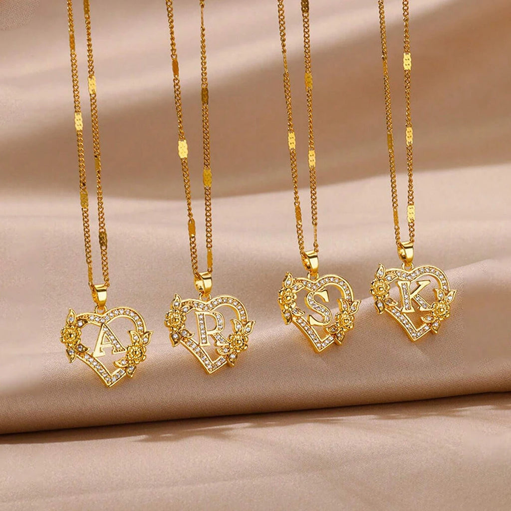 Heart Initial Letter Necklaces For Women Gold Color Stainless Steel Chain A-Z Alphabet Pendant Necklace