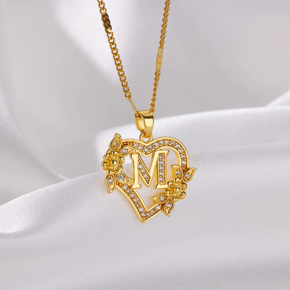 Heart Initial Letter Necklaces For Women Gold Color Stainless Steel Chain A-Z Alphabet Pendant Necklace