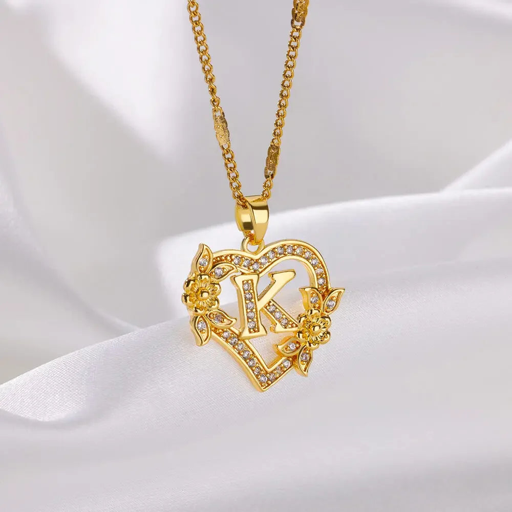 Heart Initial Letter Necklaces For Women Gold Color Stainless Steel Chain A-Z Alphabet Pendant Necklace