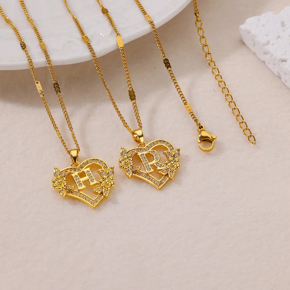 Heart Initial Letter Necklaces For Women Gold Color Stainless Steel Chain A-Z Alphabet Pendant Necklace