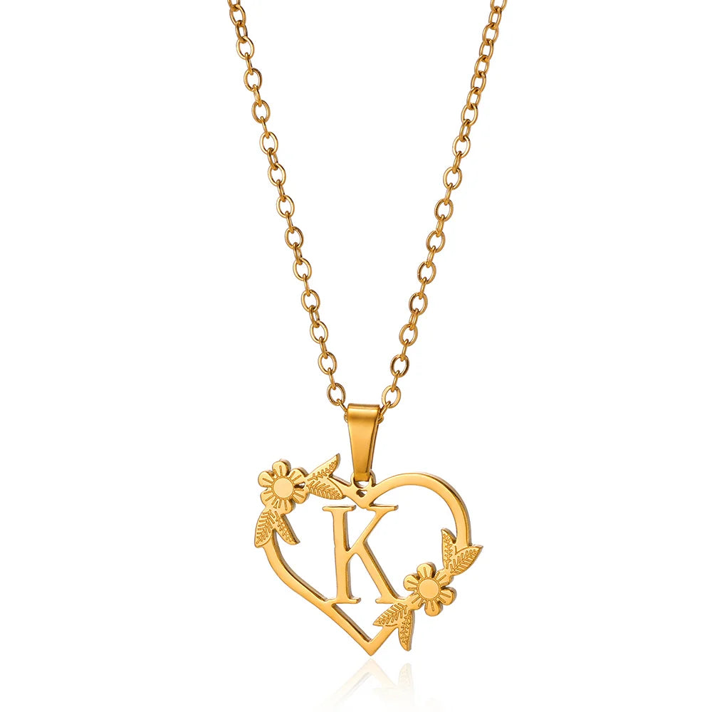 Heart Initial Letter Necklaces For Women Gold Color Stainless Steel Chain A-Z Alphabet Pendant Necklace