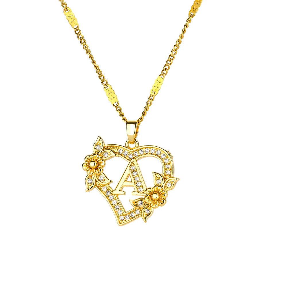 Heart Initial Letter Necklaces For Women Gold Color Stainless Steel Chain A-Z Alphabet Pendant Necklace