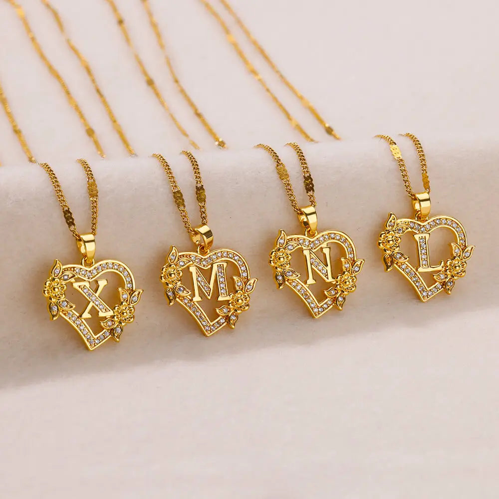 Heart Initial Letter Necklaces For Women Gold Color Stainless Steel Chain A-Z Alphabet Pendant Necklace
