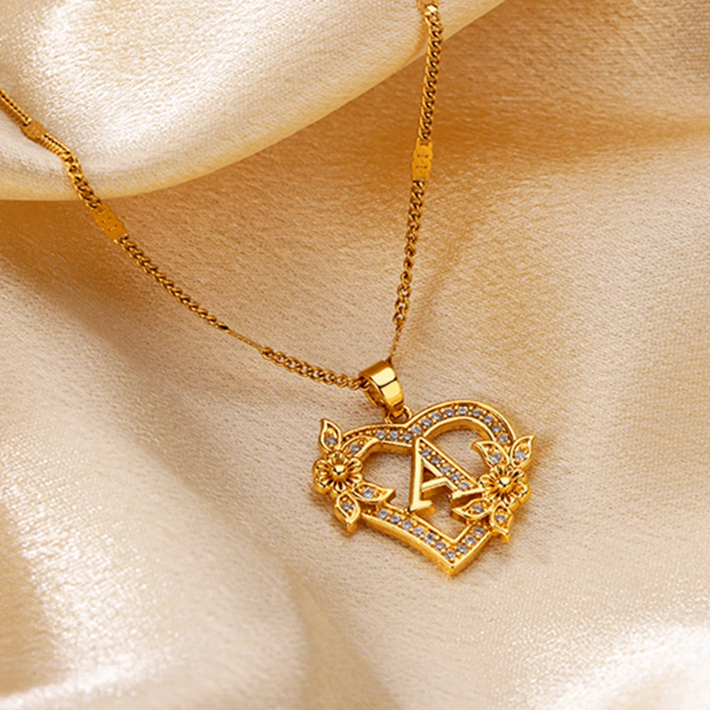 Heart Initial Letter Necklaces For Women Gold Color Stainless Steel Chain A-Z Alphabet Pendant Necklace