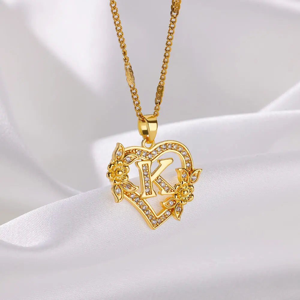 Heart Initial Letter Necklaces For Women Gold Color Stainless Steel Chain A-Z Alphabet Pendant Necklace