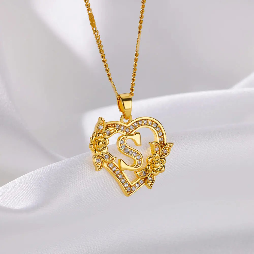 Heart Initial Letter Necklaces For Women Gold Color Stainless Steel Chain A-Z Alphabet Pendant Necklace