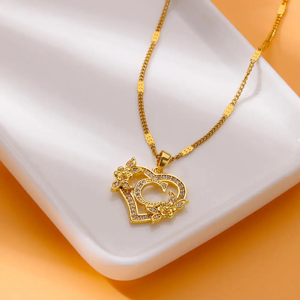 Heart Initial Letter Necklaces For Women Gold Color Stainless Steel Chain A-Z Alphabet Pendant Necklace