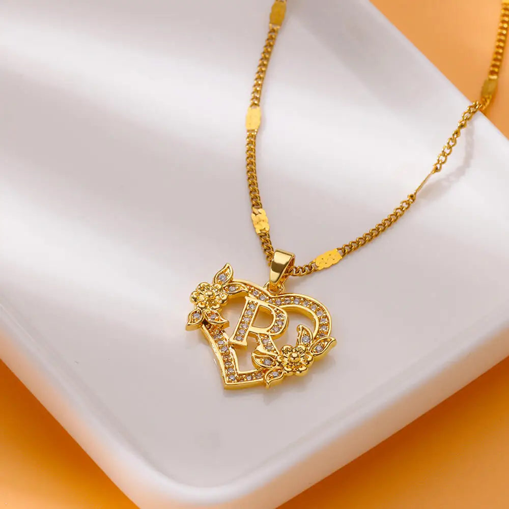 Heart Initial Letter Necklaces For Women Gold Color Stainless Steel Chain A-Z Alphabet Pendant Necklace