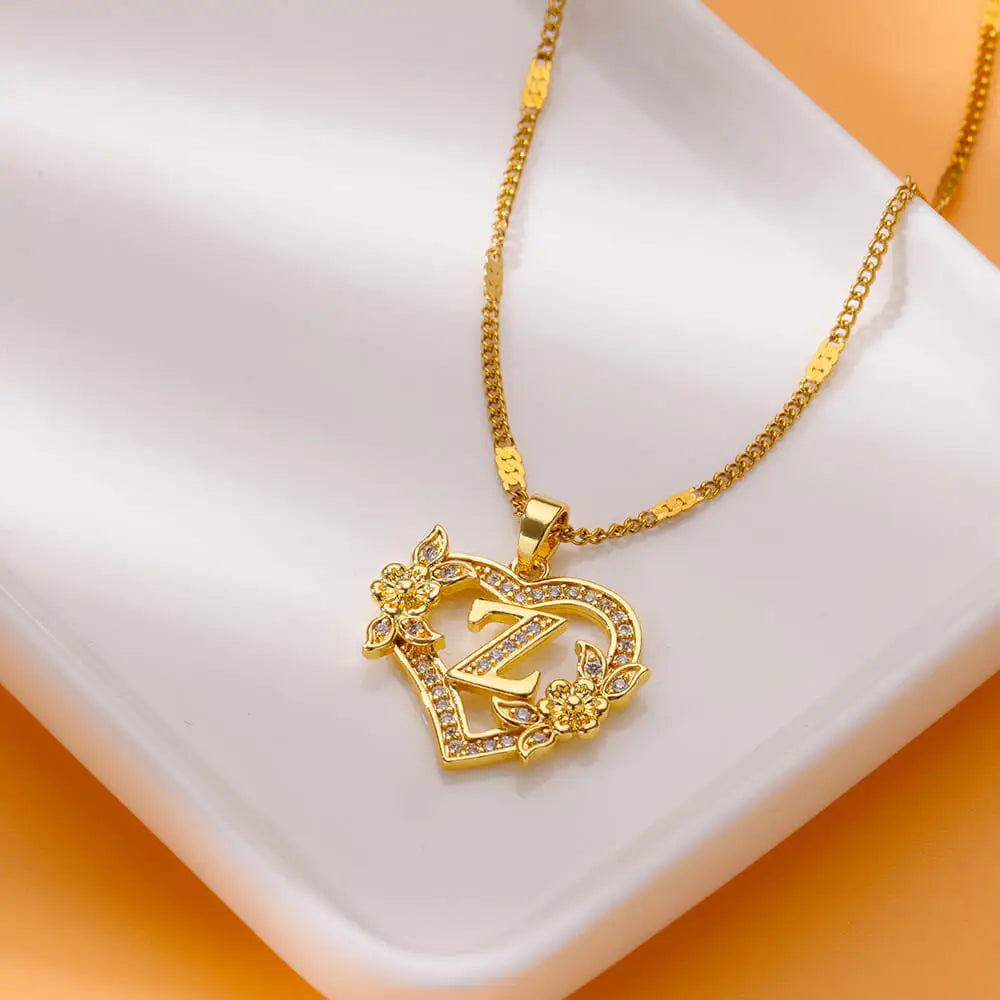 Heart Initial Letter Necklaces For Women Gold Color Stainless Steel Chain A-Z Alphabet Pendant Necklace