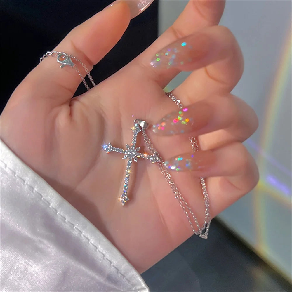 Elegant Crystal Cross Pendant Necklace Silver Color Star Ladies Necklace Fashion Party Jewelry