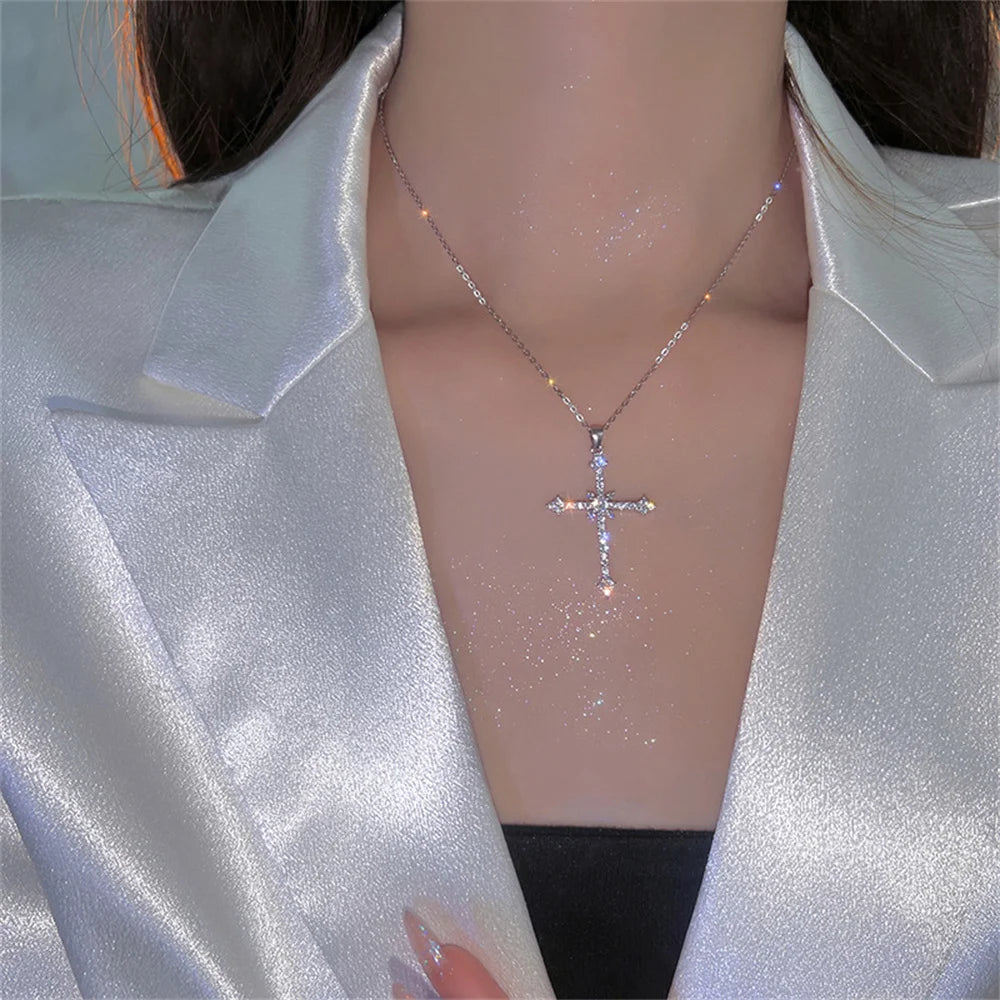 Elegant Crystal Cross Pendant Necklace Silver Color Star Ladies Necklace Fashion Party Jewelry