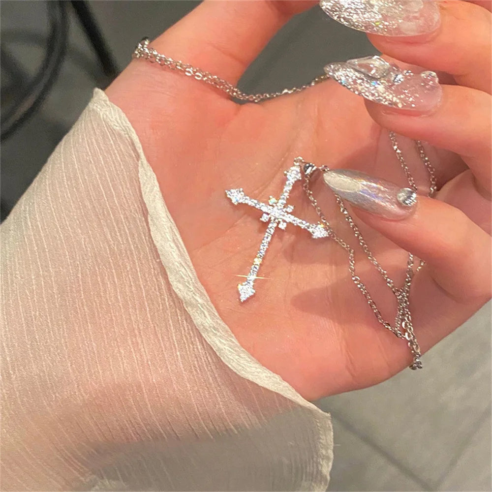 Elegant Crystal Cross Pendant Necklace Silver Color Star Ladies Necklace Fashion Party Jewelry