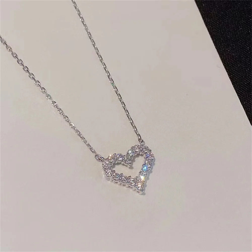 Kpop Crystal Hollow Love Pendant Necklace Romantic Zircon Simple Necklace For Women Trendy Jewelry