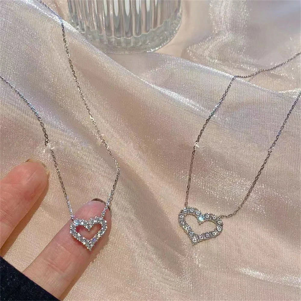 Kpop Crystal Hollow Love Pendant Necklace Romantic Zircon Simple Necklace For Women Trendy Jewelry