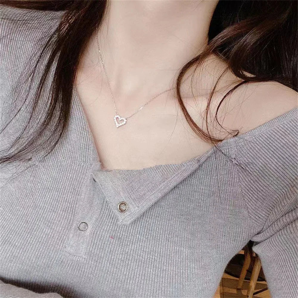 Kpop Crystal Hollow Love Pendant Necklace Romantic Zircon Simple Necklace For Women Trendy Jewelry