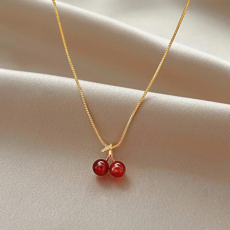 Little Wine Red Cherry Pendant Necklaces For Women Fashion Personality Fruit Golden Chain Necklace