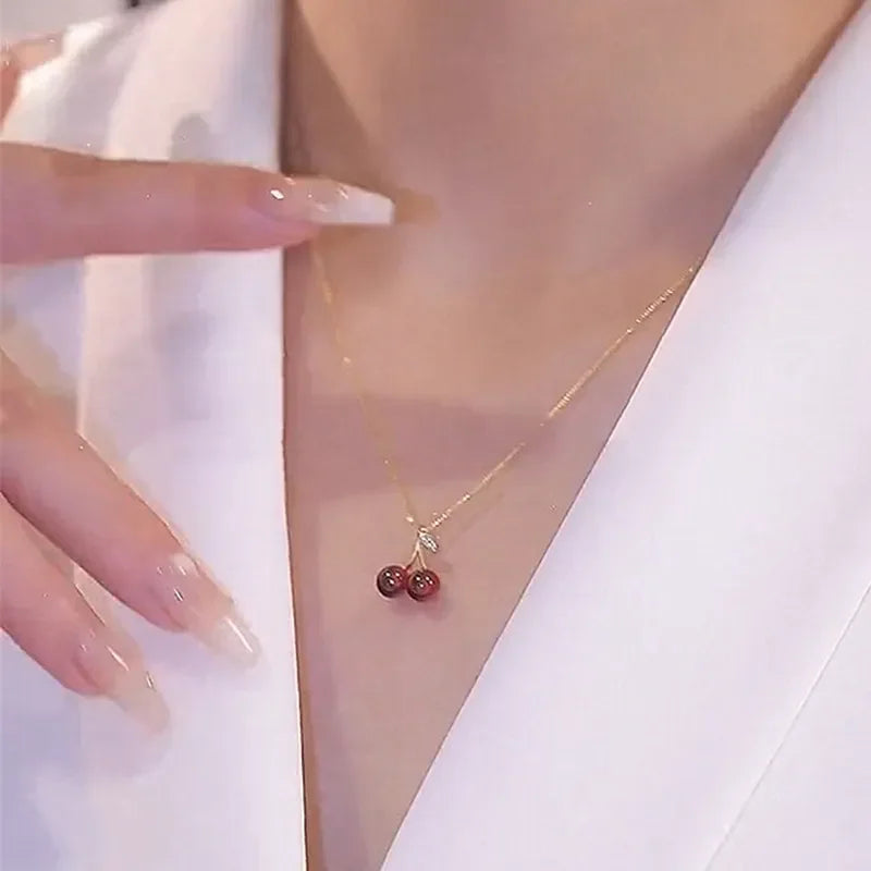 Little Wine Red Cherry Pendant Necklaces For Women Fashion Personality Fruit Golden Chain Necklace